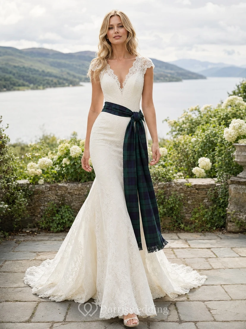 Schottisches, ärmelloses Meerjungfrauen-Hochzeitskleid mit V-Ausschnitt, Spitze und Tartan-Schärpe