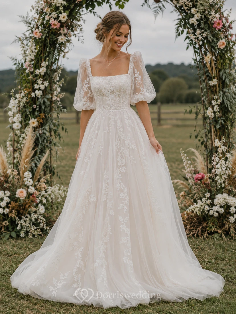 Boho Romantic Square Neck Wedding Dress with Puff Sleeves, Floral Lace Tulle Skirt & A-Line Train