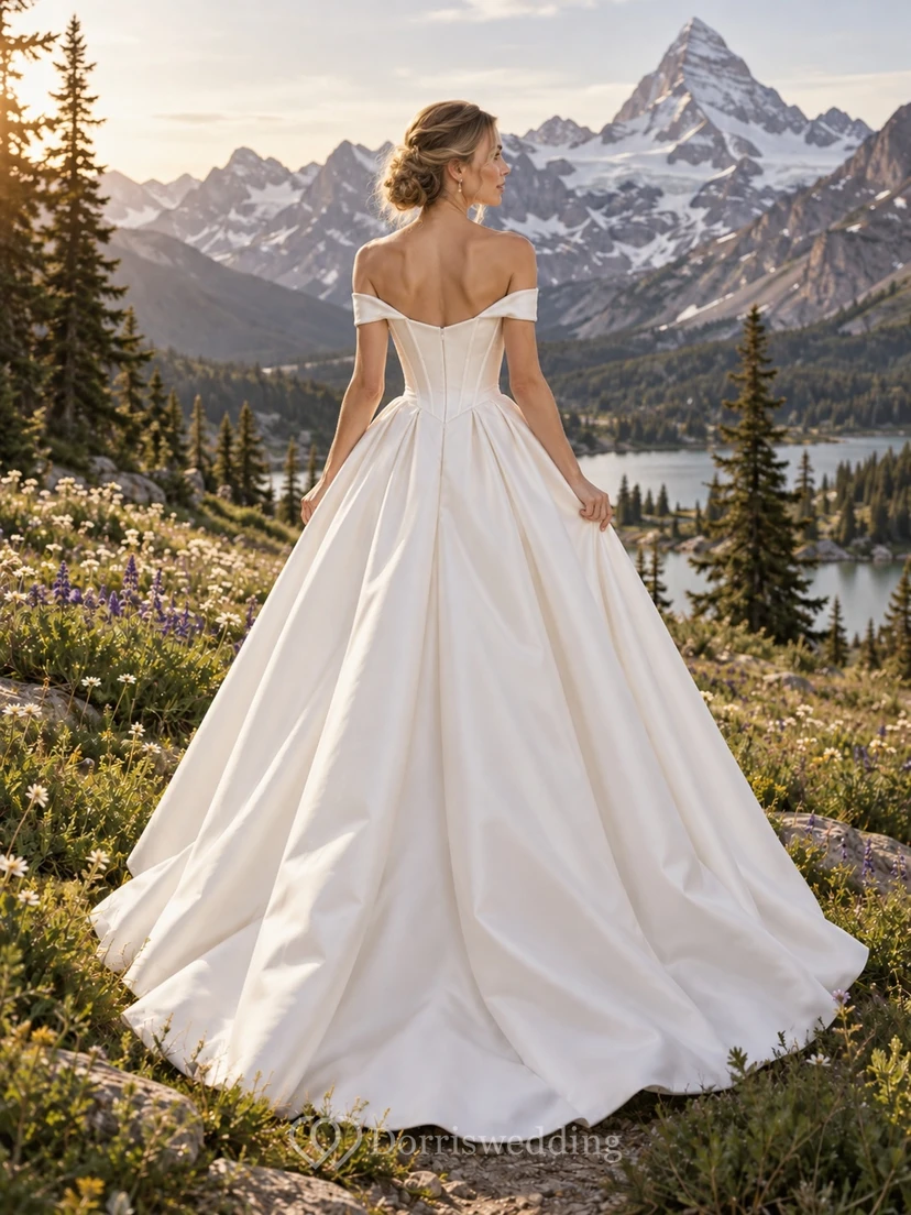 Simple Off Shoulder Duchess Satin Wedding Dress with Paneled Bodice and Ball Gown Train view 2