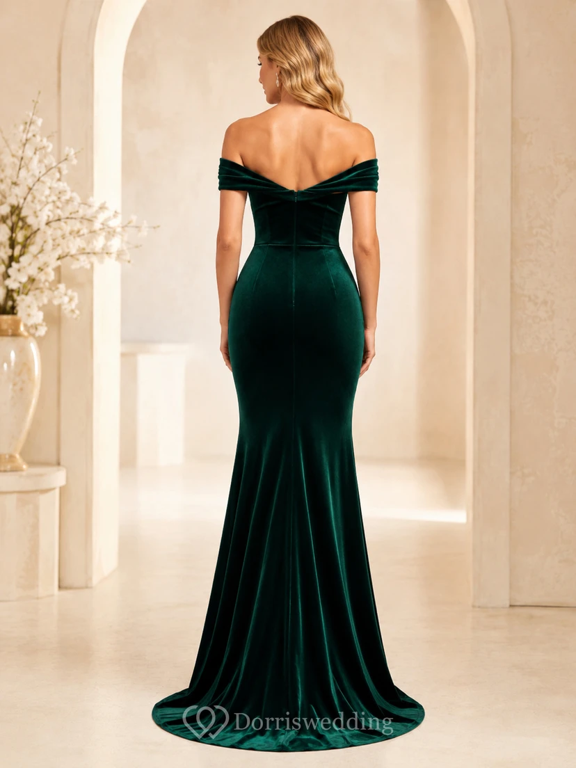 Emerald Off Shoulder Velvet Mermaid Formal Dress view 2