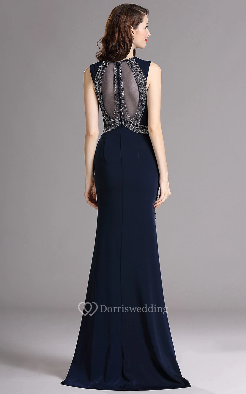 Sheath Bateau Sleeveless Jersey Beading Illusion Dress view 2