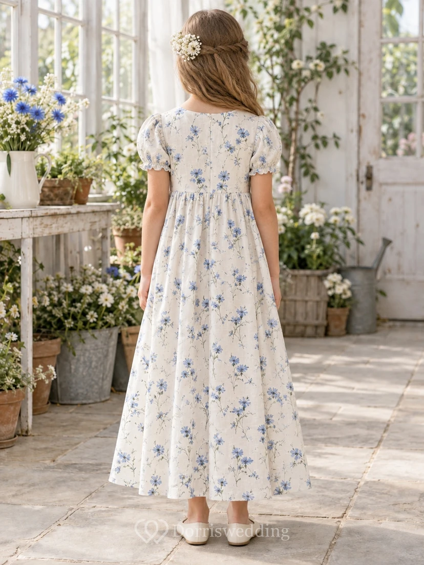 Country Cream Floral Puff Sleeve Jewel Neck Linen A-line Flower Girl Dress view 2