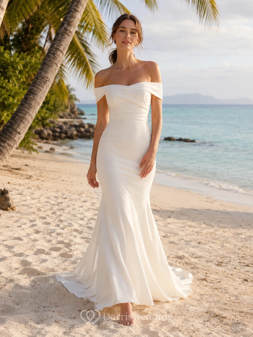 Robe de mariée de plage en satin drapé à épaules dénudées, coupe sirène, dos boutonné et traîne