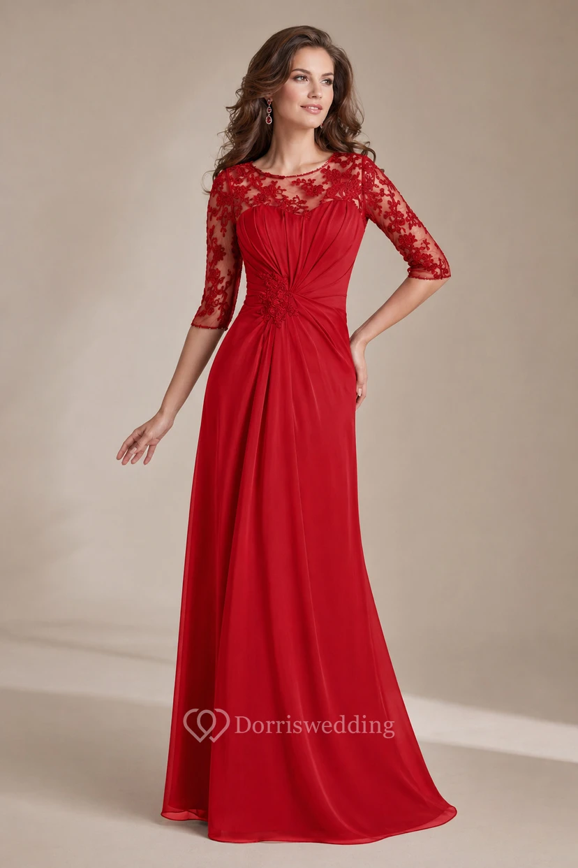 Half-Sleeved A-Line Long Mother Of The Bride Dress With Keyhole Back And Appliques view 9