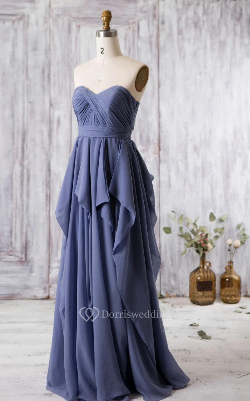 Sweetheart Empire Pleated A-line Chiffon Long Dress With Ruffles and Keyhole view 2