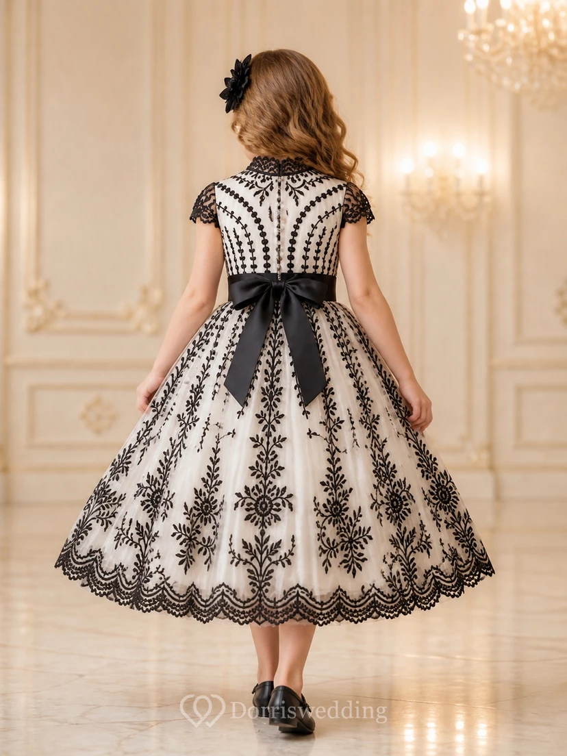 Black Tea-length Ball Gown High Neck Cap Sleeve Lace Flowergirl Dress view 2