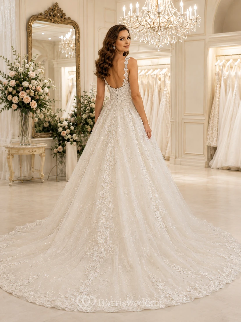 Elegantes Brautkleid mit eckigem Ausschnitt, Spitzenapplikationen und festlichem Ballkleid view 2