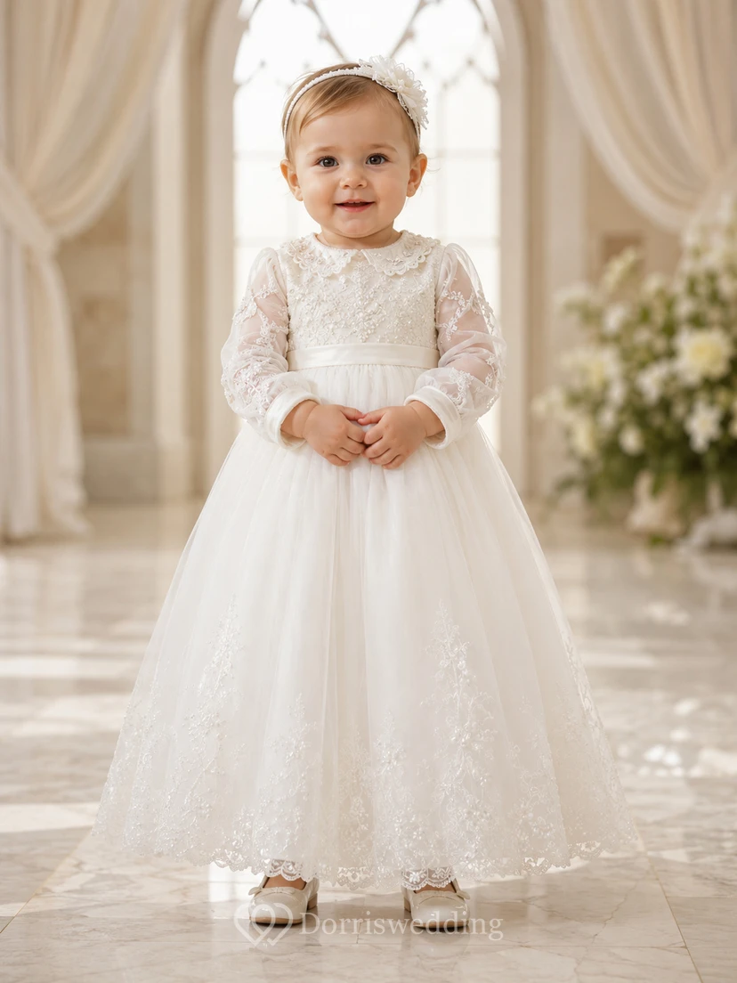 Zartes, perlenbesetztes Taufkleid für Babys in A-Linie mit langen Ärmeln aus Tüllspitze
