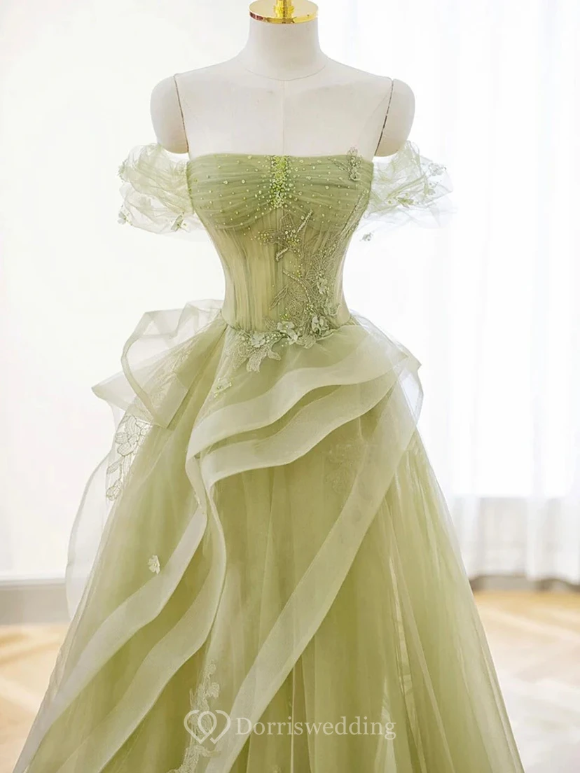 Mint Green Asymmetrical Tulle Gown with Embroidery view 4