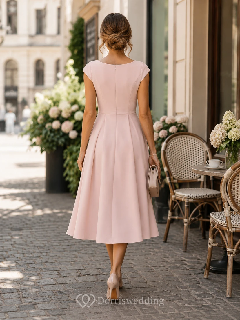 Vestido midi sencillo de satén con mangas cortas y corte en A, estilo Blush Mother Bateau, ideal para estudiantes. view 2