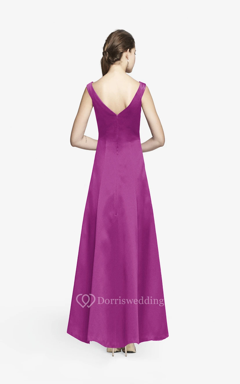 Simple V-neckline Floor-length Satin Dress With Cap Sleeves view 14