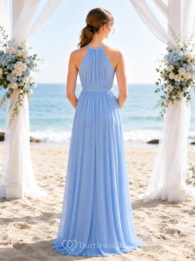 Himmelblaues Brautjungfernkleid für junge Mädchen, A-Linie, Neckholder, ärmellos, mit Falten, romantisch view 2