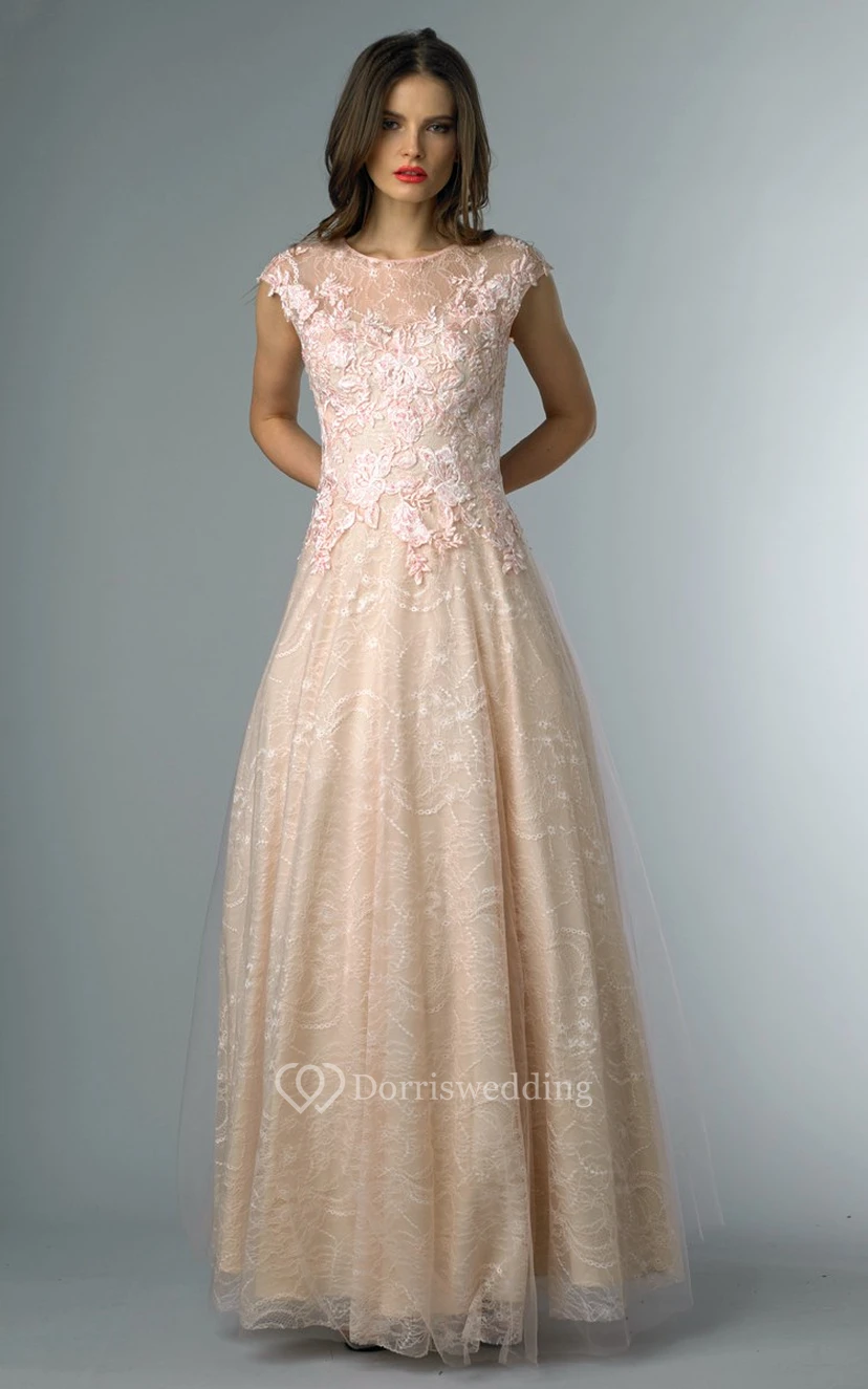 A-line Floor-length High Neck Short Sleeve Lace Illusion Dress view 15