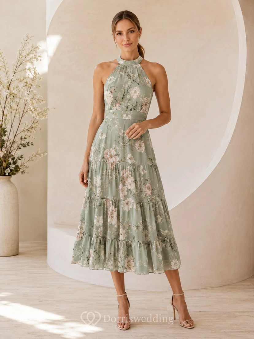 Halter Sleeveless Floral Chiffon A-Line Tea-length Bohemian Garden Dress
