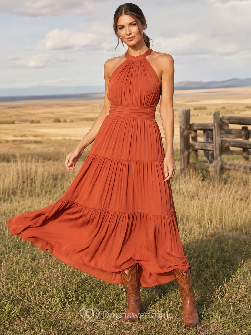 Terracotta halter tiered ranch wedding guest midi dress