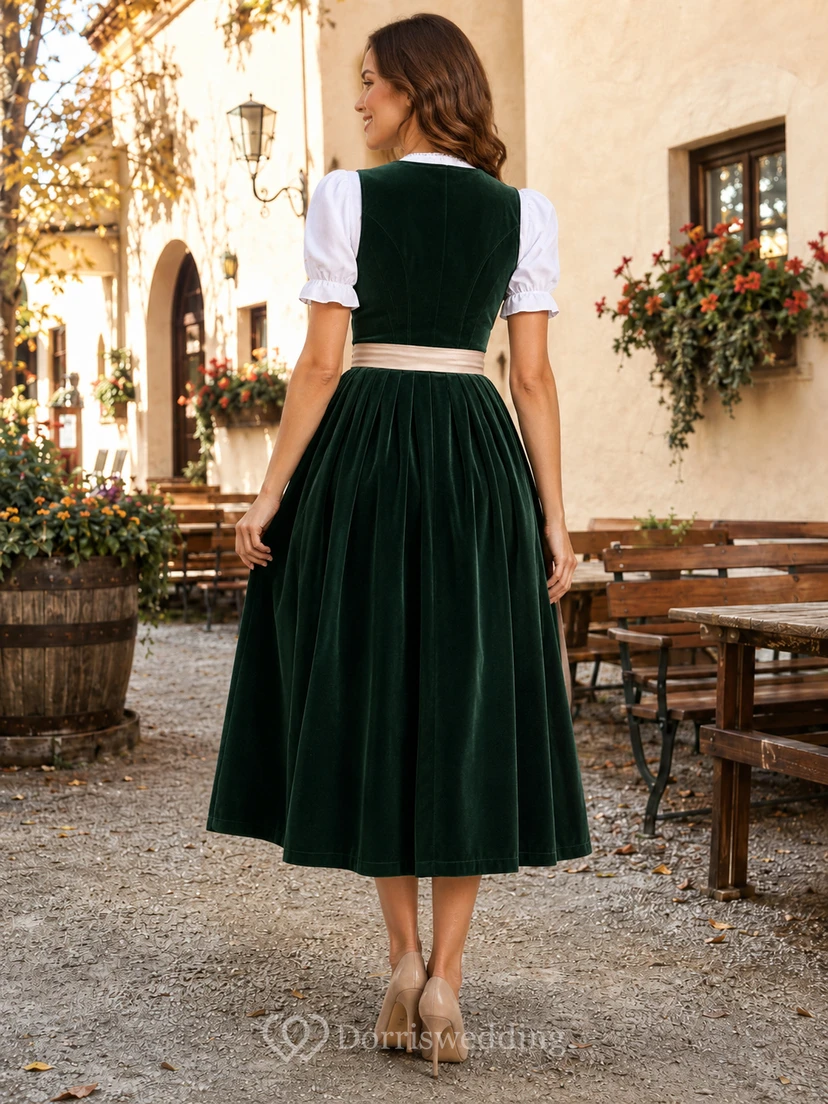 Delantal moderno de terciopelo verde oscuro hasta la rodilla con cuello cuadrado y mangas abullonadas view 2