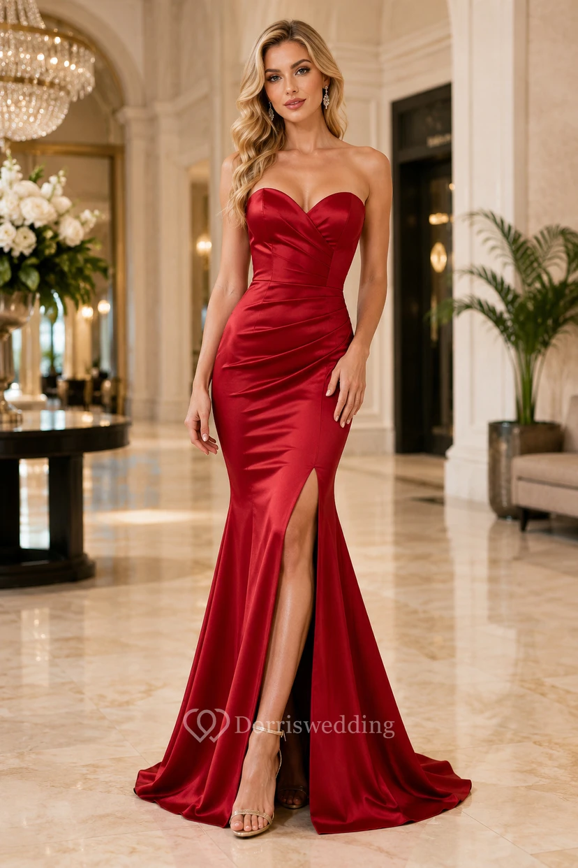 Prom Dress Red Satin Mermaid Strapless Sweetheart with Slit Floor Length