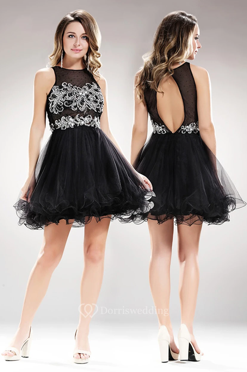 A-Line Jewel-Neck Sleeveless Tulle Keyhole Dress With Beading And Ruffles