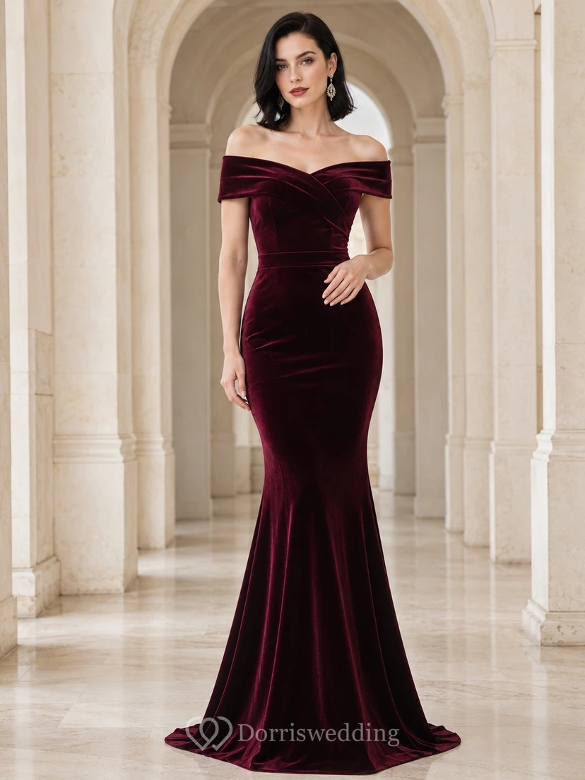 Burgundy Velvet Off-the-shoulder Short Sleeve Ruched Mermaid Sweep-Train Evening Gown