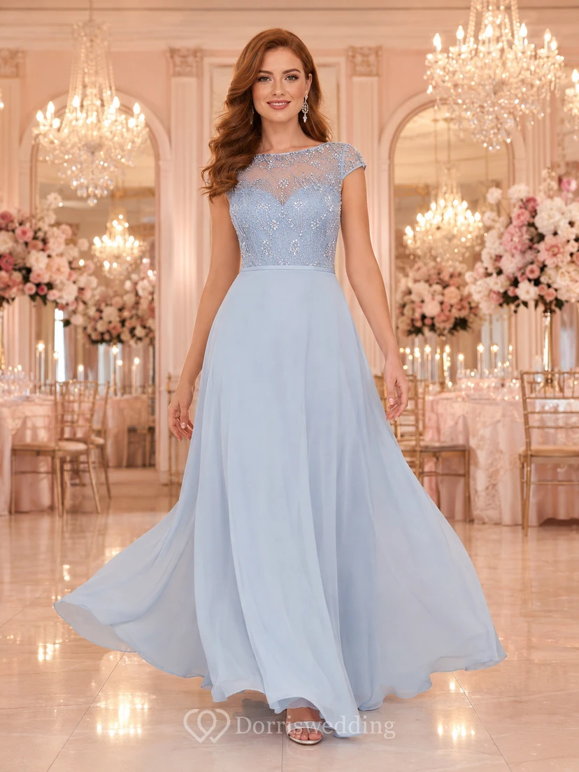 Mist Blue Grand Ballroom Wedding Guest Bridesmaid Evening Formal Dress A-Line Floor-Length Jewel Neck Short Sleeve Chiffon Lace Lace Detail Zipper Back