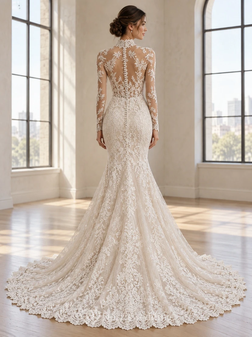 Modest Mermaid High Neck Long Sleeve Lace Train Wedding Dress view 2