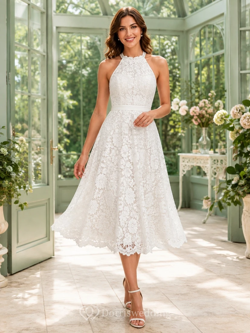 White High Neck Halter Lace A-Line Tea-Length Vintage Garden Cocktail Dress