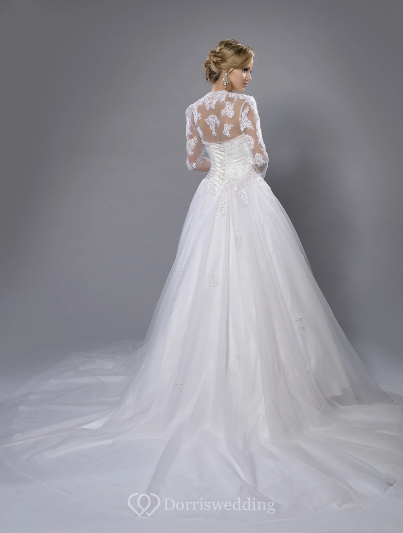 A-Line Sweetheart Tulle Wedding Dress With Lace Bodice And Long Sleeve view 2