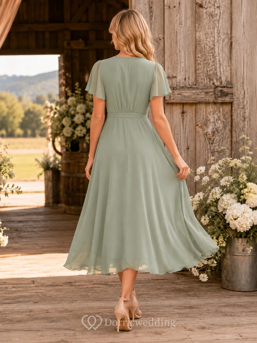 Barn Sage V-Neck Chiffon A-Line Tea-Length Flutter Sleeve Wedding Guest Dress view 2