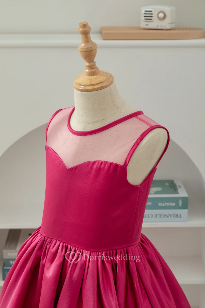 A-line Short Satin Layered Fuchsia Flowergirl Dress view 5