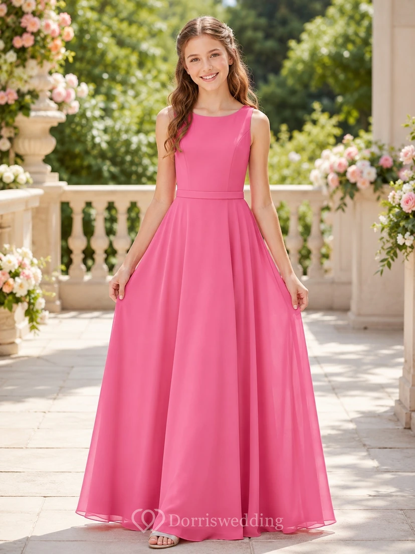 Candy Pink Junior Bridesmaid Dress A-Line Floor-Length Jewel Sleeveless V-Back Detail Romantic