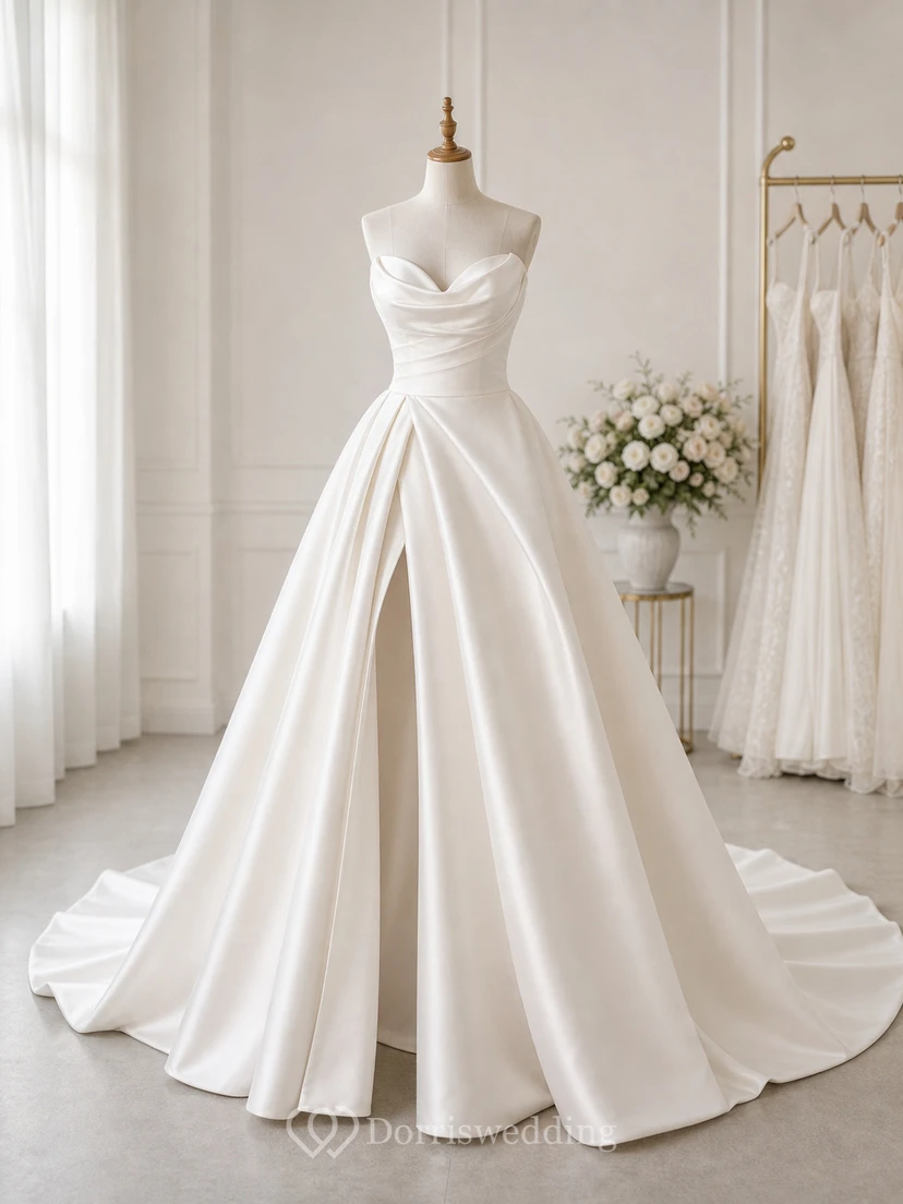 Elegantes Brautkleid aus Satin mit herzförmigem Ausschnitt, gekreuzten Trägern und Empire-Ausschnitt sowie vorderem Schlitz view 7