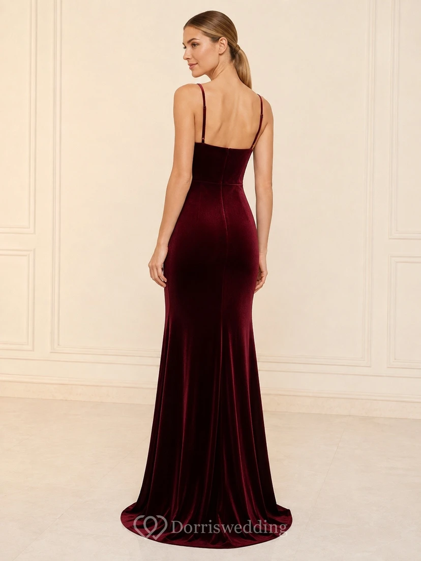 Burgundy Square Neck Floor-Length Velvet Mermaid Bridesmaid Dress view 2
