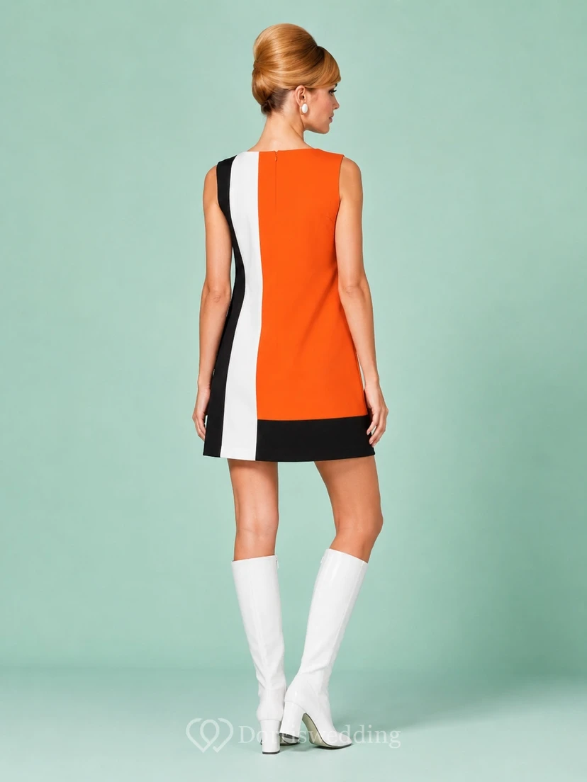 Robe de cocktail mini-moderne orange vintage colorblock sans manches à motif géométrique et fourreau géométrique view 2