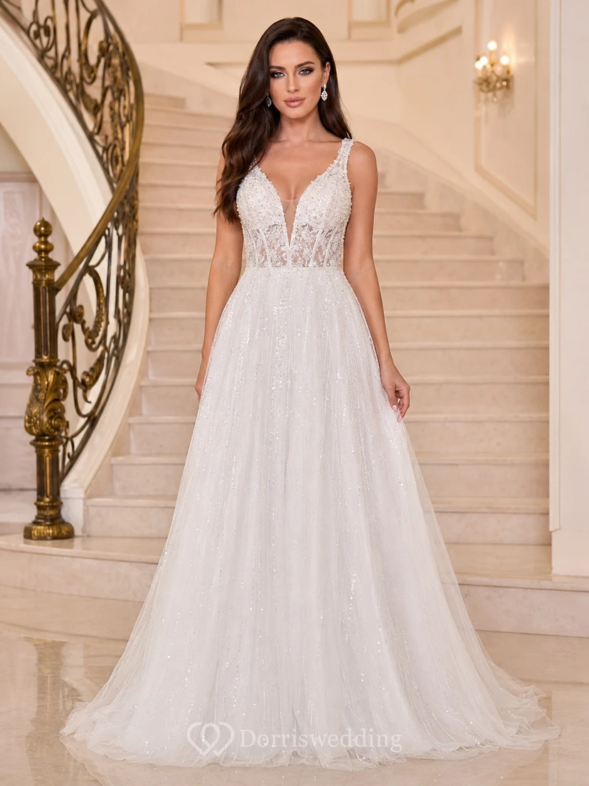 White Deep V Neck Lace Tulle A Line Chapel Train Prom Dress