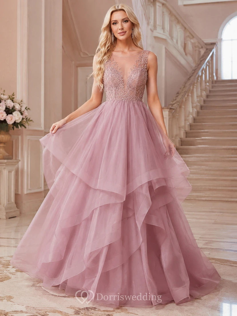 Vintage-Mauvefarbenes, gestuftes Tüll-Abendkleid in A-Linie mit V-Ausschnitt für den Empfang