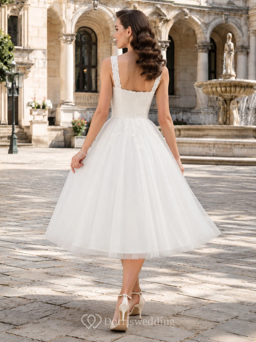 Square Neck Tulle Tea Length Retro Courtyard Bridal Dress view 2