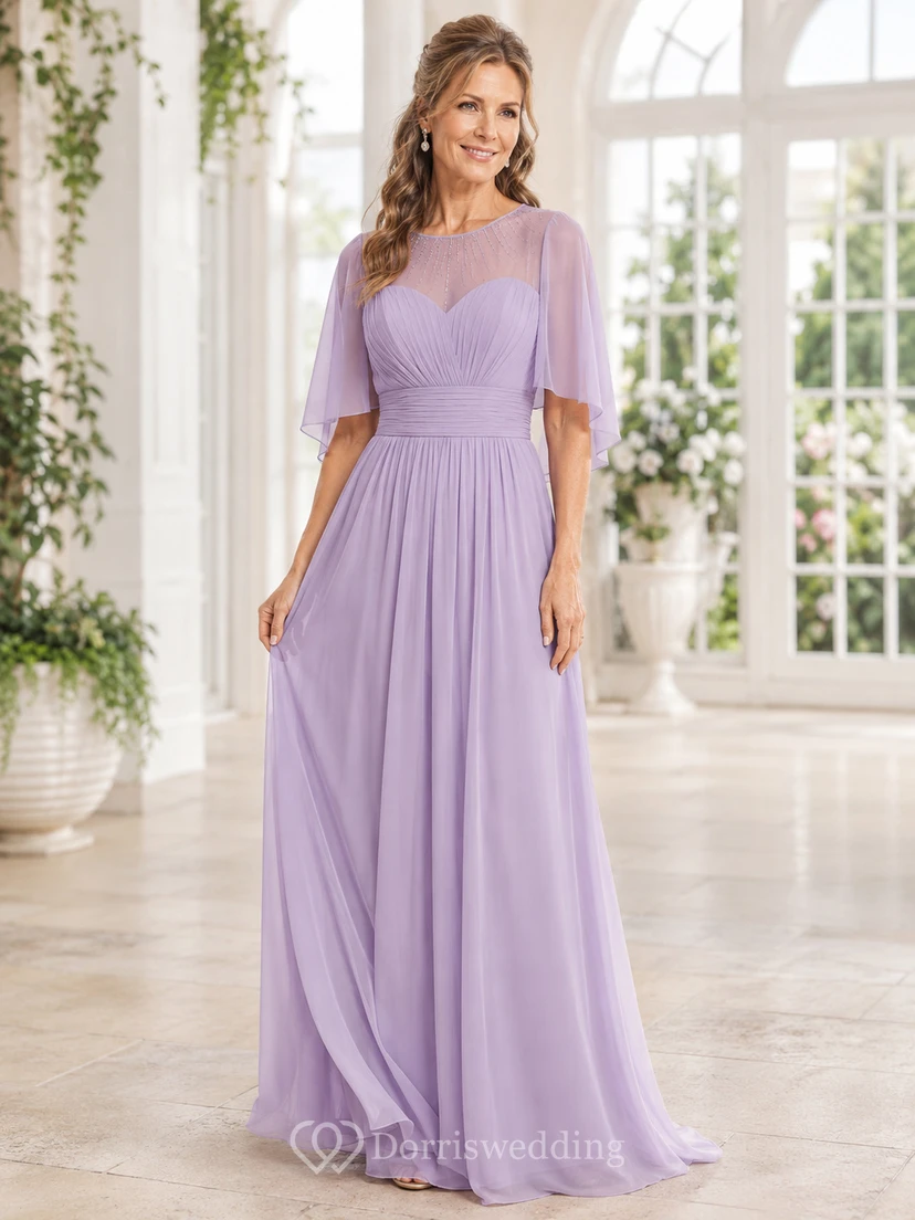 Lavendelfarbenes Chiffon-Mutterkleid mit eckigem Ausschnitt und flatternden Ärmeln