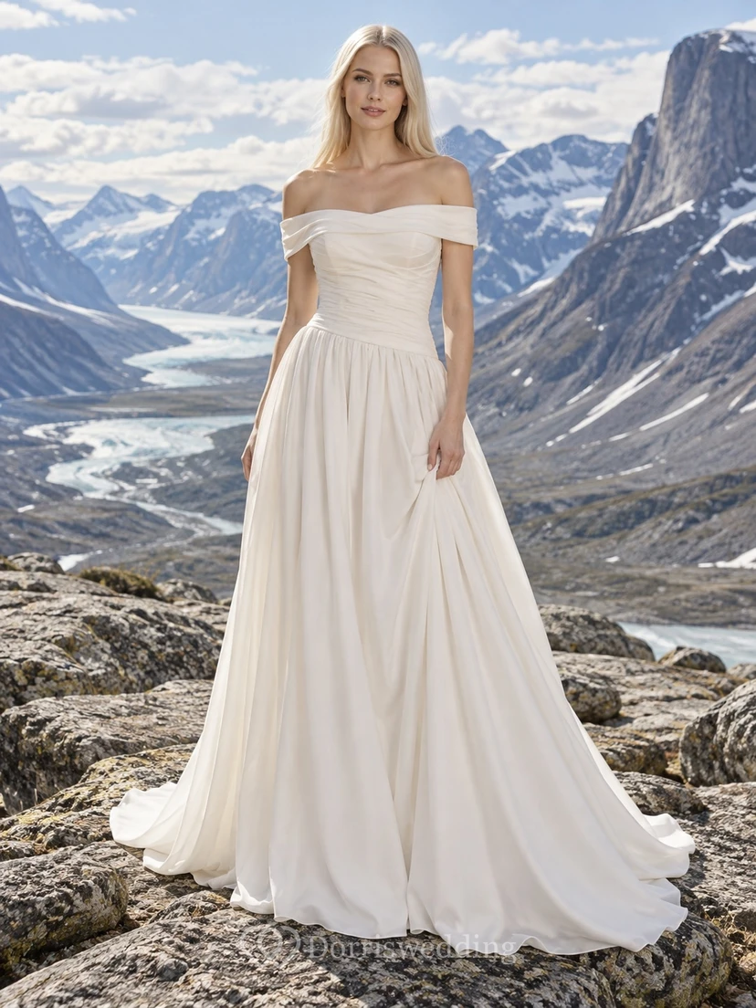 Off Shoulder Simple Crepe Wedding Dress with Ruched Bodice and Gathered A-Line Skirt