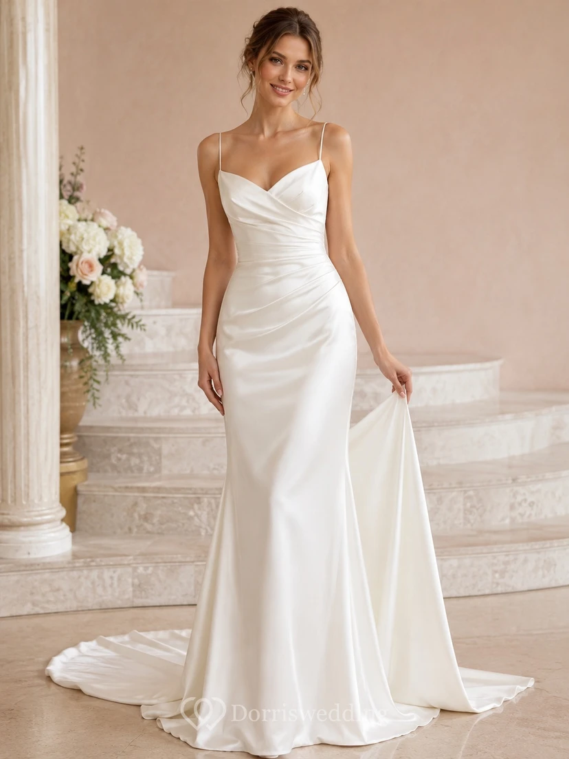 Simple Spaghetti V-Neck Low-V Back Satin Mermaid Court Train Wedding Dress