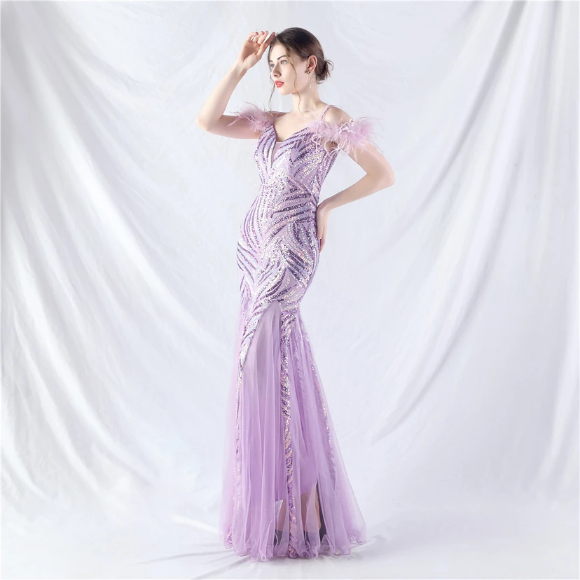 Crafted Ostrich Feather Stacked Sequins Splicing Mesh Gauze High-End Evening Dress Clothes view 92