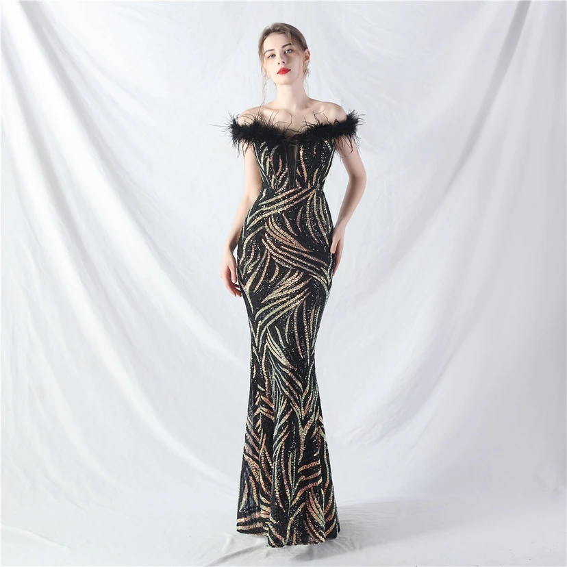 Robe de soirée haut de gamme à sequins, ornée d'un gilet à taille en arêtes de poisson et de plumes d'autruche. view 50