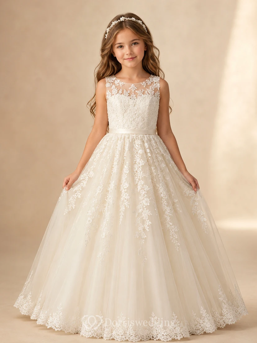 Blumenmädchenkleid, elfenbeinfarbenes Ballkleid aus Spitze und Tüll, mit Rundhalsausschnitt, bodenlang, mit Schärpendetails