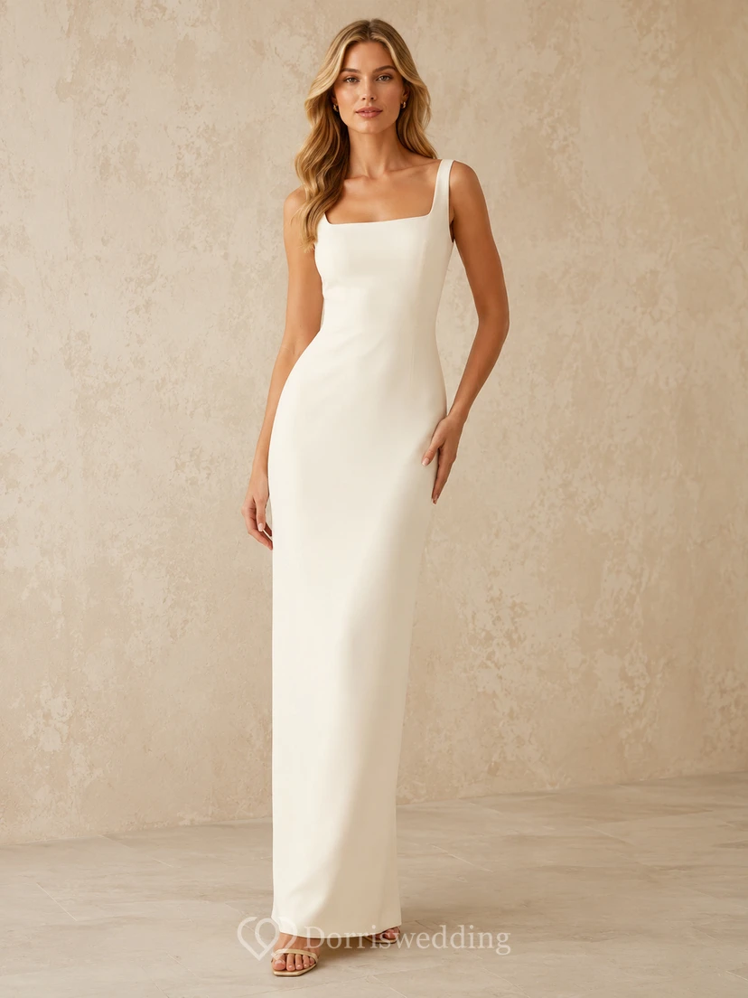 Vestido de fiesta de crepé columna con escote cuadrado color champán