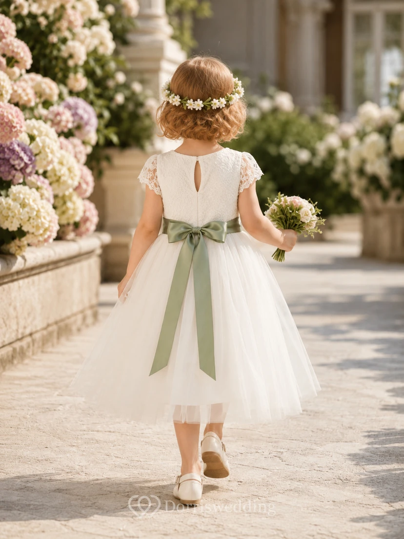 Blumenmädchenkleid aus elfenbeinfarbenem Tüll, A-Linie, Rundhalsausschnitt, Teelänge, Schleifendetail view 2