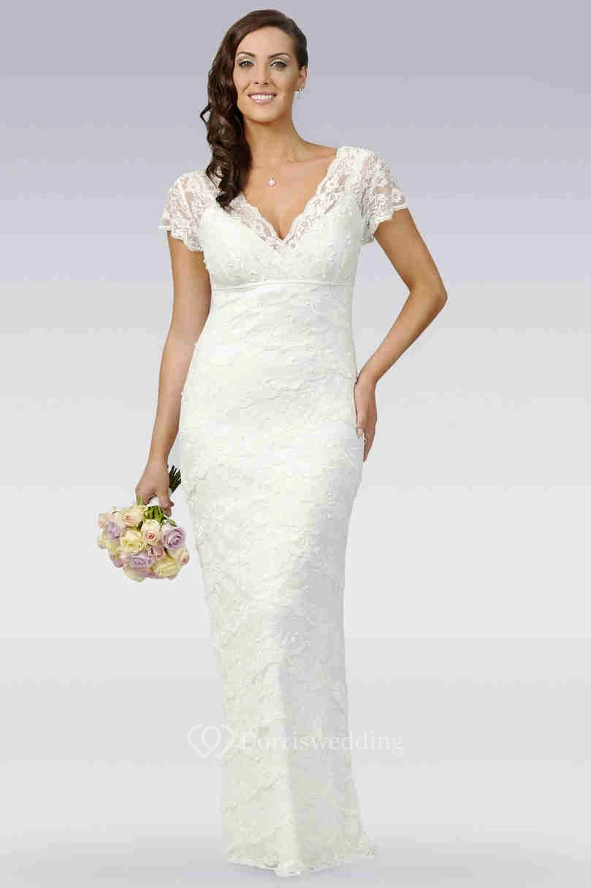 Sheath V-Neck Cap-Sleeve Lace Wedding Dress