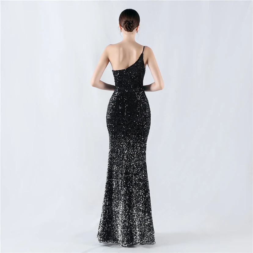 Sexy Abendkleid mit Samtsaum, Farbverlauf, Pailletten, hohem Schlitz und schräger Schulterpartie view 46