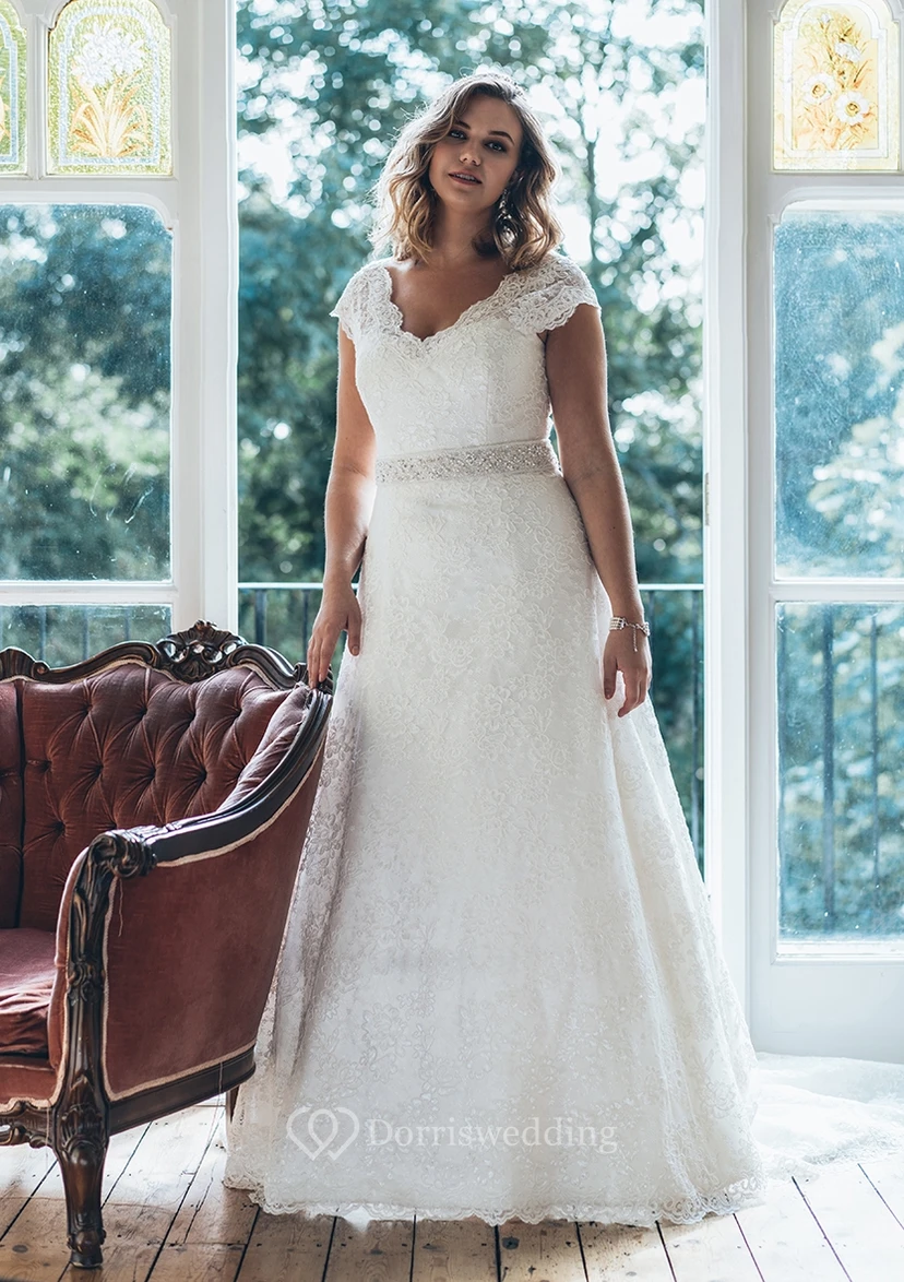 A-Line Floor-Length V-Neck Short Sleeve Lace Sweep Train Low-V Back Waist Jewellery Dress