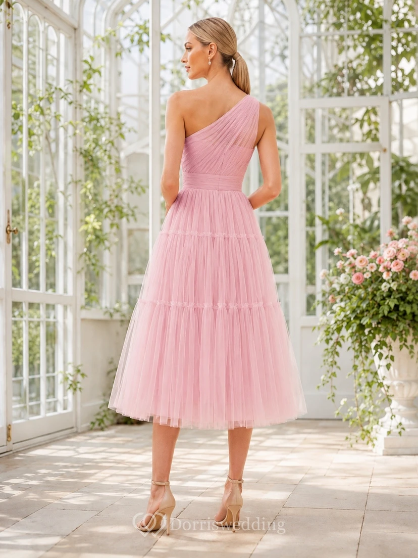 Pink Tulle One-Shoulder Sleeveless Romantic Tea-Length Party Dress view 2