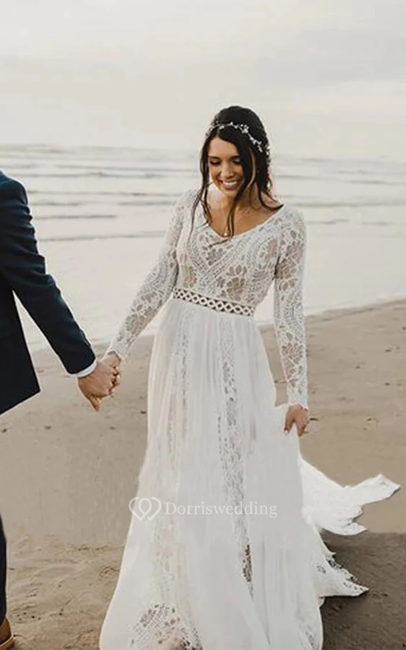 Vestido de novia sencillo de manga larga y modesto | Vestido de novia bohemio de encaje para ceremonia civil view 3