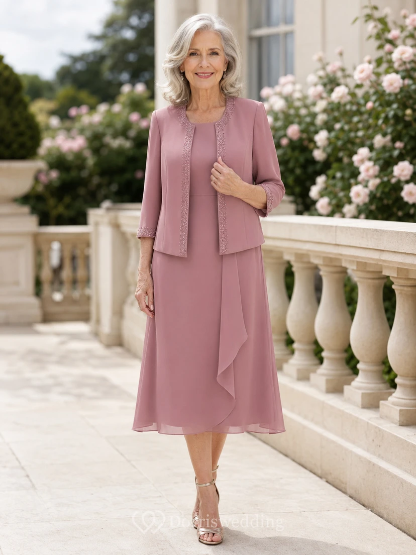Elegantes, dreiviertellanges Chiffon-Kleid in Altrosa mit A-Linien-Ausschnitt und Teelänge – perfekt für die Großmutter der Braut